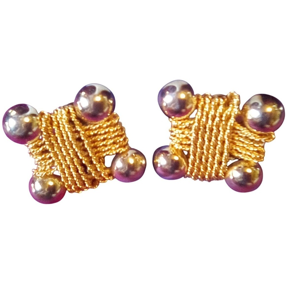 Vintage‎ Gold Tone Square Woven Silver Ball Clip On Earrings Statement Jewelry